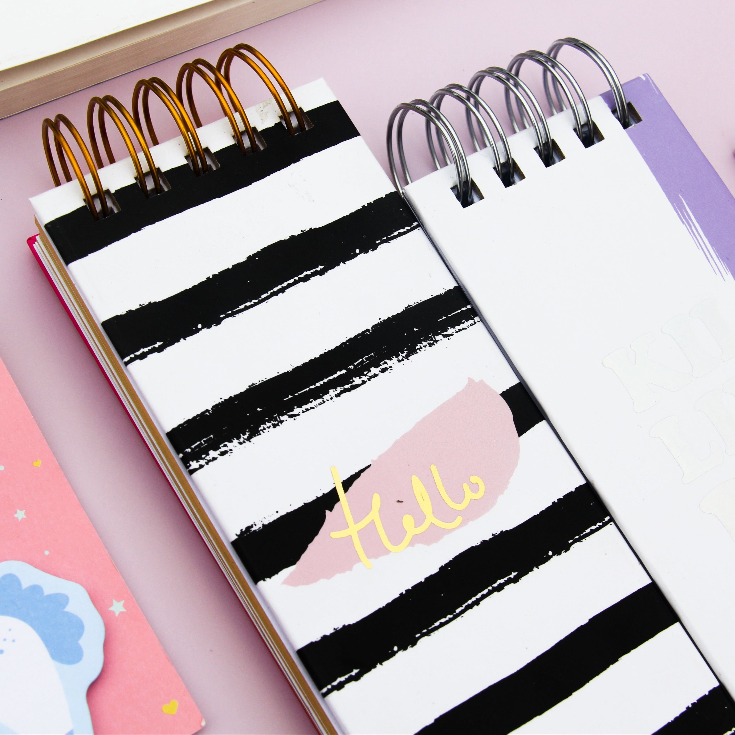 Two spiral-bound notebooks with black and white striped design