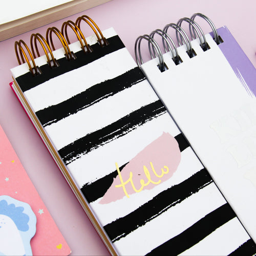 Two spiral-bound notebooks with black and white striped design